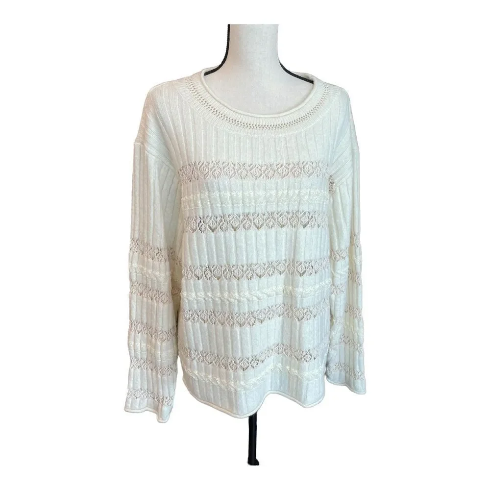 Zara Knit Sweater Small Cream Lace Detail Ribbed Cotton Blend Stretch